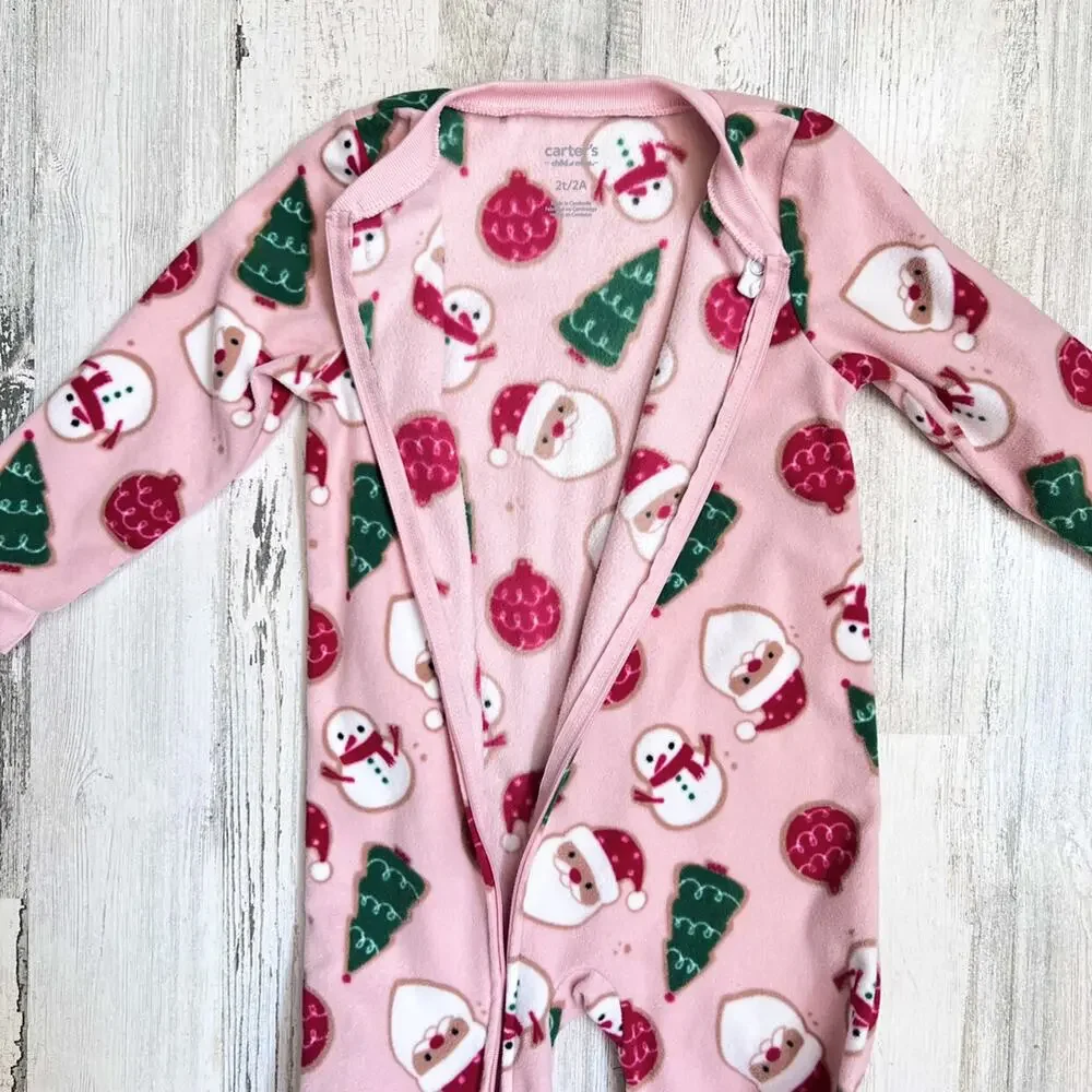 🍄 3/$15 Carter’s Fleece Footie Pajamas Girls 2T Pink Christmas Santa Snowman